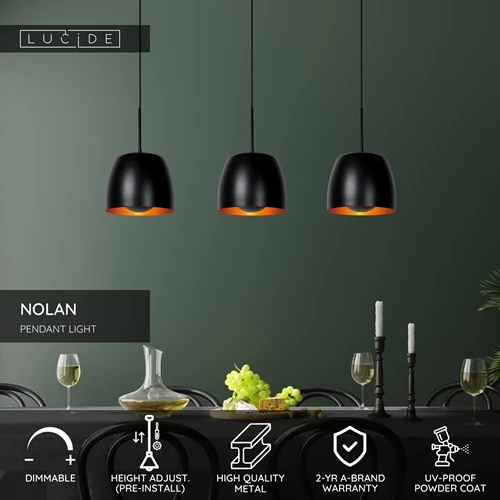 Lucide NOLAN - Pendant light - 3xE27 - Black - USP